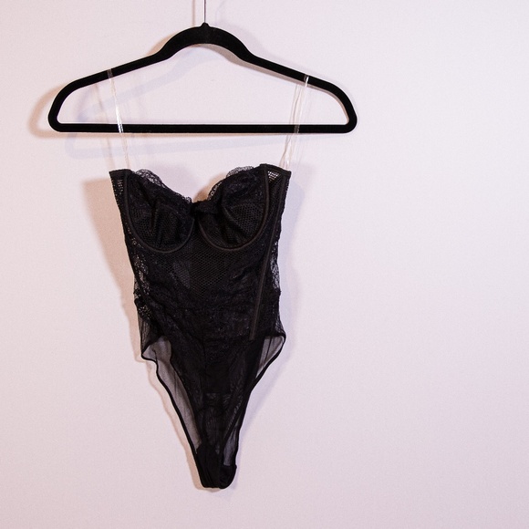 House of CB Tops - House Of CB Isa Semi Sheer Crochet Lace Strapless Bustier Bodysuit Black XS